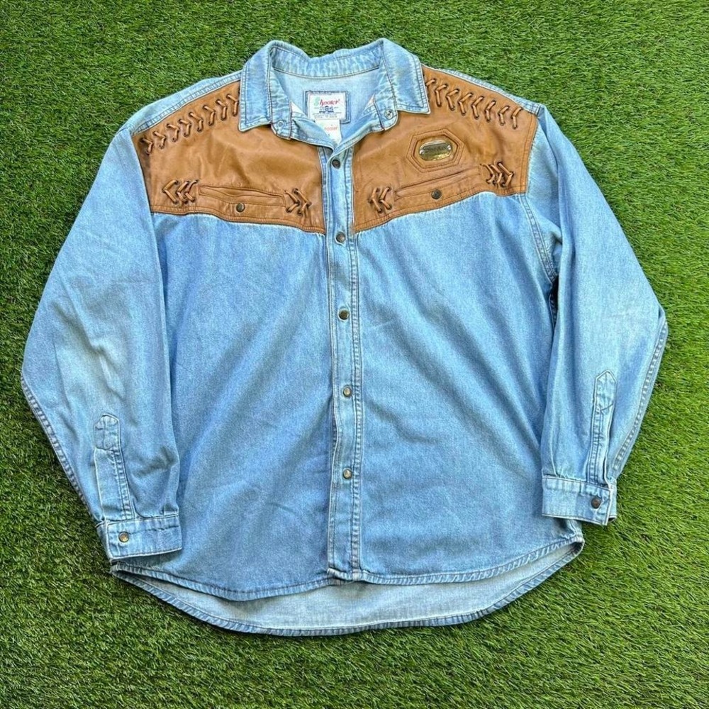 American Vintage Light Blue Denim Shirt with Tan Leather Yoke - Picture 2 of 8